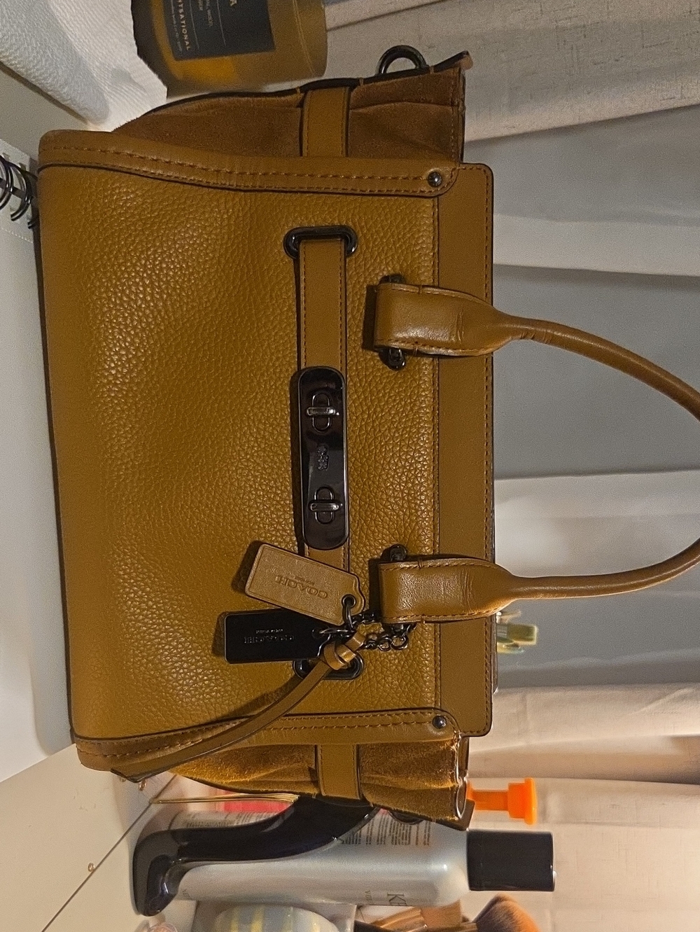 Coach Pebbled Leather Satchel in Mustard Brown